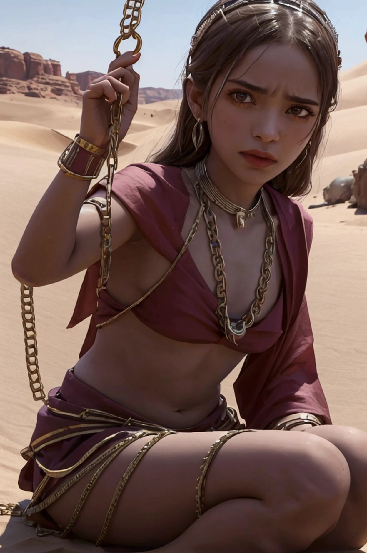 A half-naked girl dressed in a rag with an with a  with chains in his hands, sits against the backdrop of a desert, looks like she is ill  