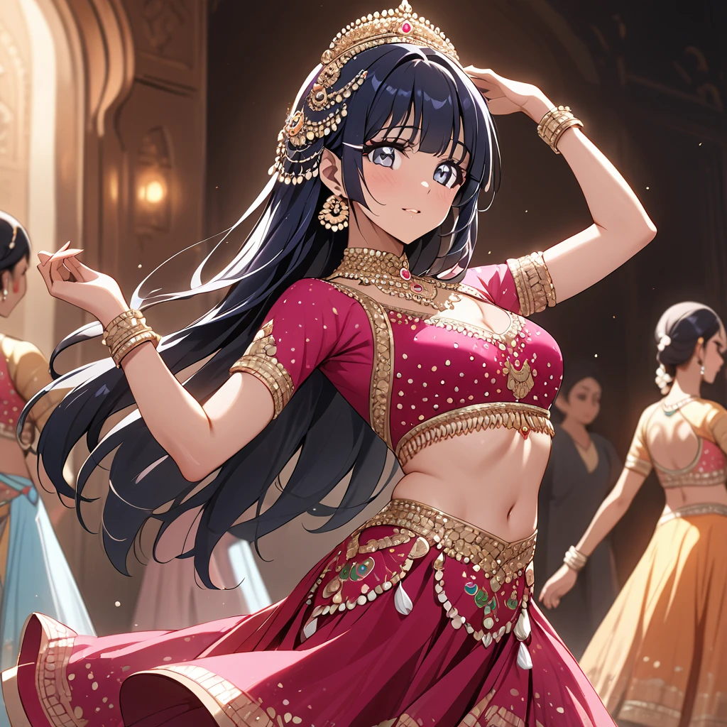 ((Highest quality)), ((masterpiece)), (detailed), (Perfect Face)、The woman is Reika Aoki, an Indian with dark skin and semi-long hair.、A woman is dancing beautifully in Bollywood dance costume in India