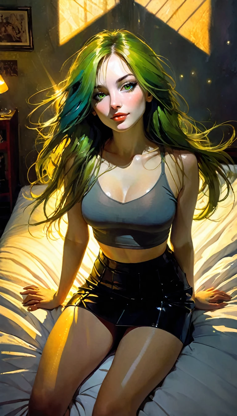 ((masterpiece)), ((best quality)), (ultra detailed), ((extremely detailed)), 4K, (8K), best quality, (beautiful), realistic style, in the room, on the bed, a cute girl, 1 girl, alone, miniskirt, beautiful long multicolored hair, beautiful green eyes, ((beautiful eyes)), long hair, light smile, blush, lens flare, from above, selfie, night, eroticism, sexy, black and white image, between shadows, oil painting, chiaroscuro, sensual, dramatic lighting, moody atmosphere, photorealistic, intricate details, masterpiece, ultra detailed, high quality, 8k, best quality, realistic, cinematic, dark and brooding , expressionist, powerful composition, emotional impact, art inspired by Bill Sienkiewicz and Dave McKean.