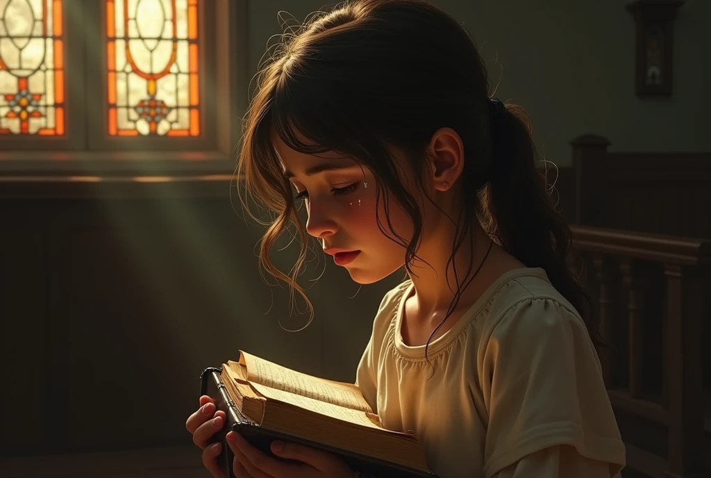A girl praying with the Bible in her hands crying