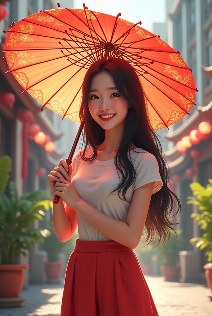 Chinese girl, new, holding an oriental umbrella, Grinning
