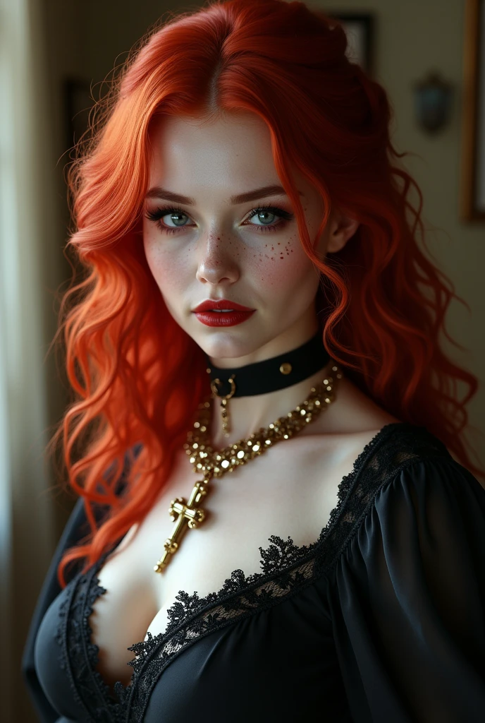An incredibly beautiful toreador vampire, her hair is extremely red and her skin is white and delicate, she also has a lot of freckles, She is a powerful 6th generation vampire, She is Catholic and always wears her beautiful crucifix and heart necklace which is a gift from her beloved., she likes jewelry and high heels