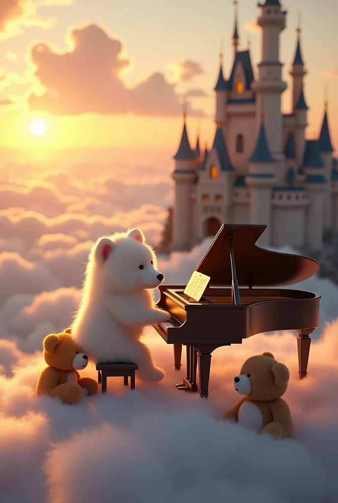 Un chien de race splitz nain qui fait du piano sur un nuage devant un chateau avec un coucher de soleil entouré de bisounours 
