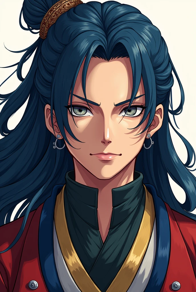 A man with the drawing style of ONE PIECE, that has long dark blue hair, elegant hairstyle, Chinese culture clothing style and gray eyes