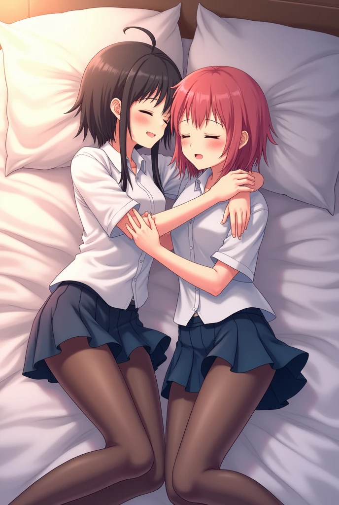 Two cute anime femboys in bed kissing and cuddling wearing femboy skirt school uniform and tights touching each other’s thighs laying