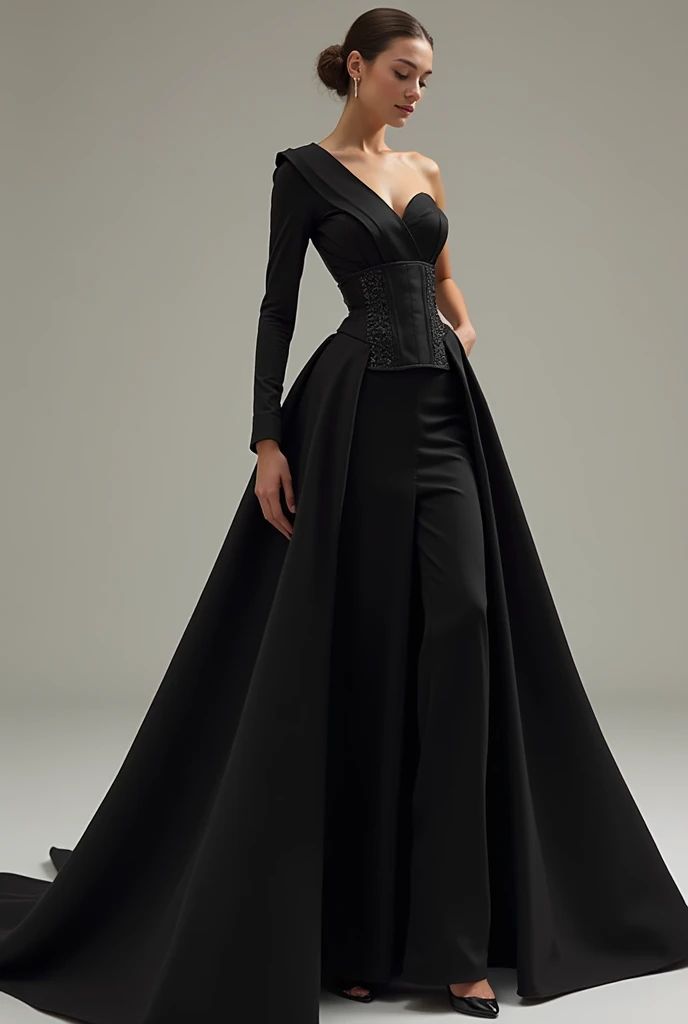 dress sleeve: A single long sleeve, fitted and elegant.
side slits: side slits para un toque moderno y atrevido.
Tight corset: A fitted corset to define the waist and enhance the figure.
wide skirt: A wide and flowing skirt, creating an elegant contrast to the tight corset.