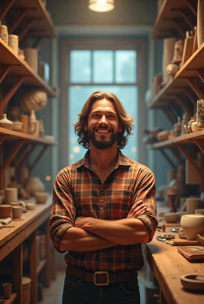 Heavenly scene, male, 30s, tan skin, long brown hair, short beard, plad shirt, friendly expression, workshop