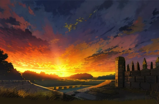 evening、sunset、Stone wall、grassland、Plains、Nobody is here、Fantasy
