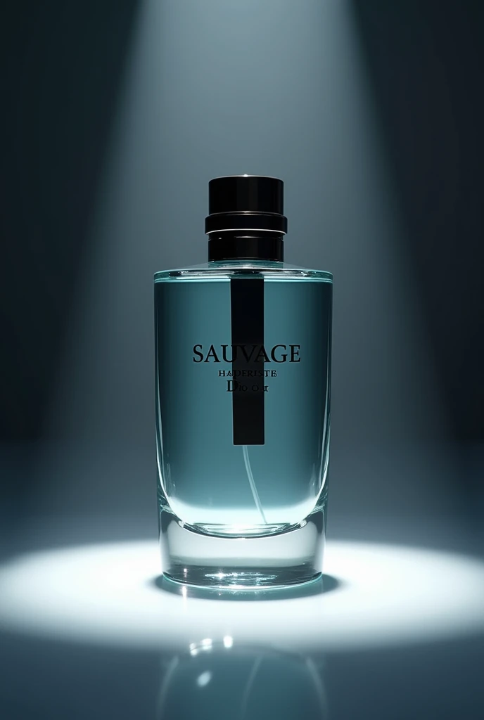 A Dior Sauvage perfume bottle surrounded by spot light in a dark studio, with a silent white as the backdrop. Hyper-realistic image.