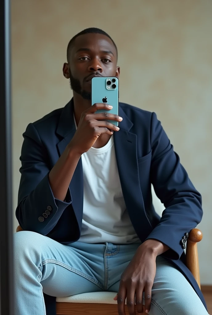best qualityer:1.4), (ultra high resolution:1.2), (photorrealistic:1.4), (8k, CRU photo:1.0), a thin young man of 20 years old, skin black, with a smooth, beardless face, corte de cabelo buzzcut, He's wearing a black cap. is wearing a white tank top. He's wearing a basic navy blue coat on top.. is wearing light jeans. Basic white sneakers. He is sitting on the chair in front of the mirror. He's taking a picture. You have your cell phone centered on your face. thin build. iPhone 15 pro cell phone with baby blue case. The iPhone apple is visible