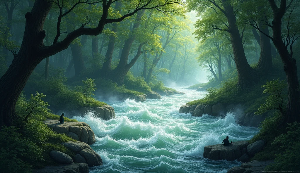 3. A turbulent river flowing through a densely wooded forest, with figures in the distance, symbolizing the gradual evolution of revolutionary ideas.