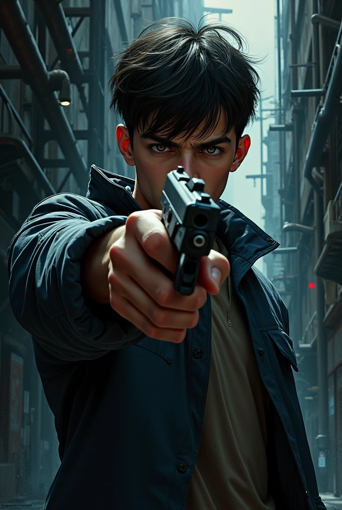 young white male shooter with black hair pointing a semi-automatic pistol to the side with a dark industrial comics background