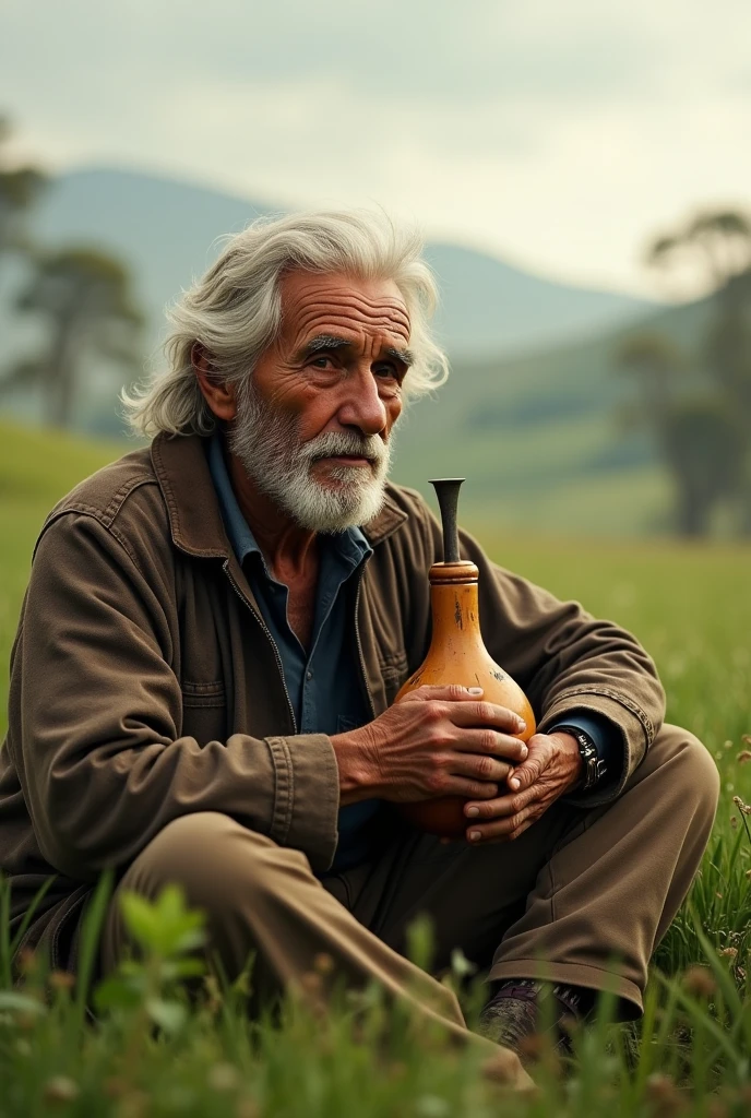 Old man in a field drinking Uruguayan mate