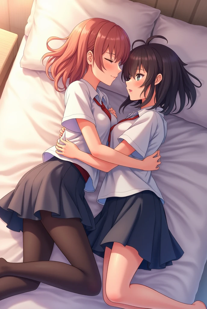Two cute anime femboys in bed kissing and cuddling wearing femboy skirt school uniform and tights touching each other’s thighs laying