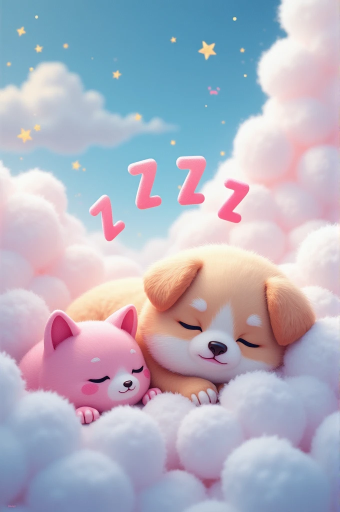 "There is a very cute puppy sleeping with five 'Z' letters floating upward from its head, and a very cute pink cat sleeping on a cloud with stars in the background, concept art by Lisa Frank, trending on CGSociety, fur art, dreamy animal with cute eyes, adorable digital painting, Beeple and Jeremiah Kettner, cute and detailed digital art, Lisa Frank, lying in a fairy-tale realm of white clouds, sweet dreams, a night of dreams, dreamy art. There is a pink cat sleeping on a cloud with stars in the background, concept art by Lisa Frank, trending on CGSociety, fur art, dreamy animal with cute eyes, adorable digital painting, Beeple and Jeremiah Kettner, cute and detailed digital art, Lisa Frank, lying in a fairy-tale realm of white clouds, in ultra-realistic 4K images, sweet dreams, a night of dreams, dreamy art."