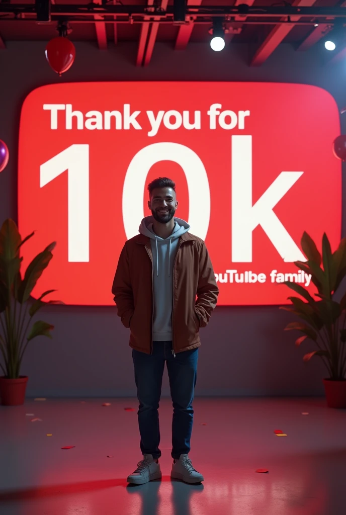 \imagine, youtube 10 k subscriber complete with celebrate, Thank you for 10k YouTube family will be written on the back wall and youtube logo. Man