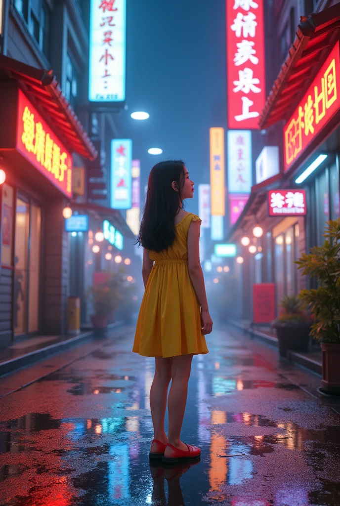 Young Asian-looking girl in a yellow dress standing in the middle of a wet street with the lights of neon signs reflected in it in a futuristic Asian neighborhood