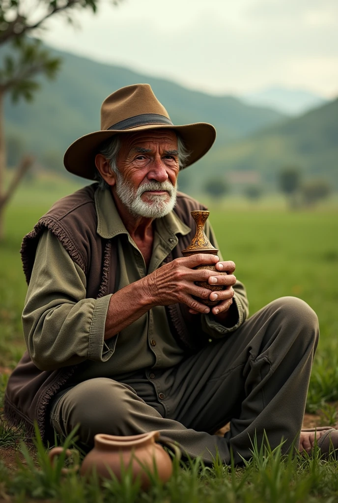 Old man in a field drinking Uruguayan mate