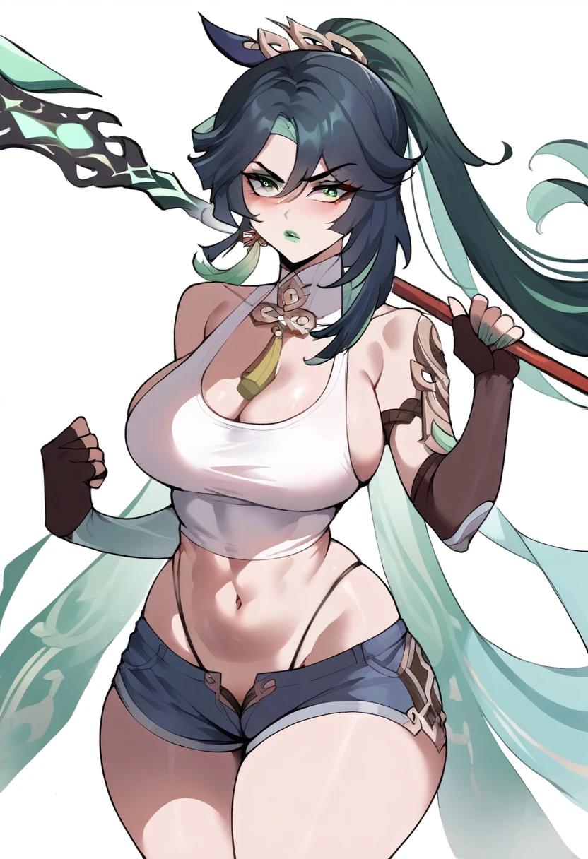 Score_9, score_8_up, score_7_up, cut on cheek, tank top, elbow pad, fingerless gloves, thong straps, leather short shorts, green lipstick, holding spear, long straight black hair, serious expression, green eyes, big breasts, makeup, Nyantcha Style, source_anime, rating_explicit, Xianyun (genshin Impact), milf, green hair strands