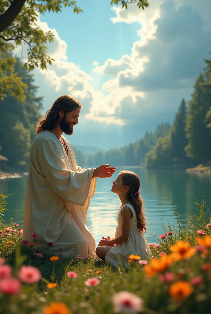 Can you visualize an image for a job?, of the movie "miracles from heaven" and the girl in front of the sky full of flowers and a lake surrounded by trees.
She was sitting in front of the lake and Jesus was at her side looking at her with a smile and caressing her head..
Cover style.