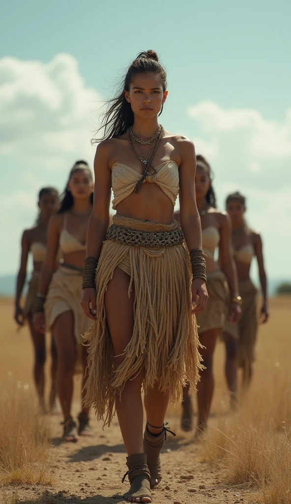 Brave Amazon Warriors, defying societal norms, ancient Scythia, simple yet strong clothing made of natural materials, open fields under a clear sky, living freely and joyfully, wide shot, hyper-realistic, photo realism, cinematography --ar 9:16.