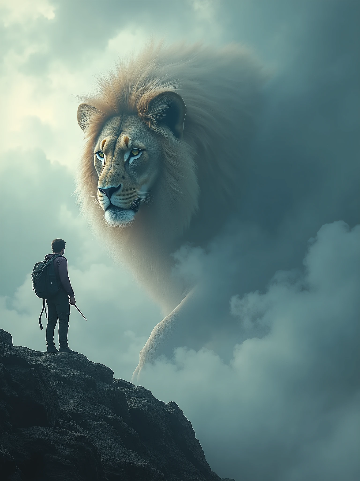 Here is a prompt you can use:

"A man stands atop a mountain, facing a majestic lion emerging from the clouds. The atmosphere is mystical, with thick clouds and a dramatic sky, blending stormy and tranquil tones. The man, Dressed in adventure gear, he faces the lion with determination. The lion, with his majestic mane blending with the clouds, advances in your direction. The scene captures the tension and deep connection between man and the wild., in an epic and imposing landscape."