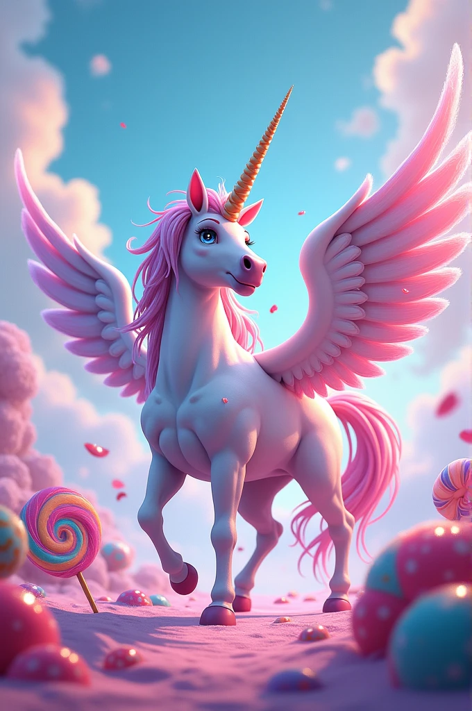 Muscle unicorn with wings cartoon multicolor fantasy candy world 