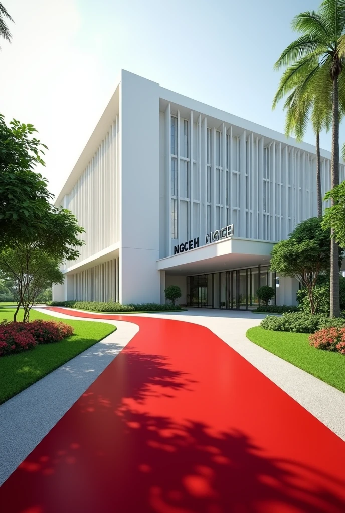 A company headquarters with Singaporean architecture, White in colour large, Grass and flowers altogether with a driveway on the compound ,red carpet at the entrance,NGCEH written on the concrete built on the grass in the compound