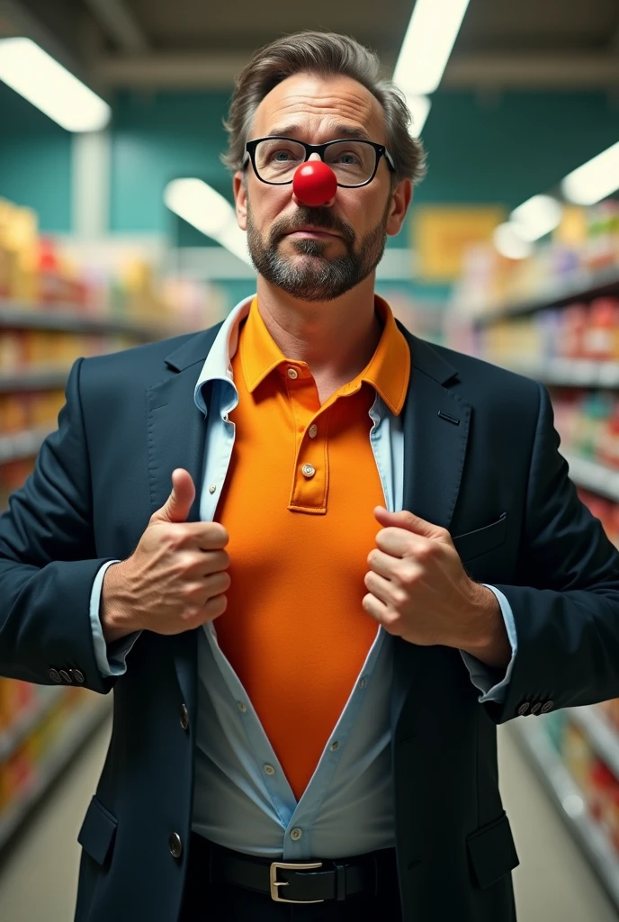 a person standing in a suoermand position wearing a suit and opening his shirt under a colorful polo shirt when he takes off the suit but with a clawn nose