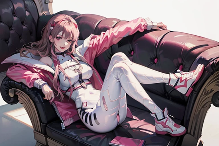 ((Highest quality)), ((masterpiece)), (detailed), Perfect Face,Perfect Face,　1girl , pink hair、(Evangelion、White plug suit、Bodysuits)、Fishnet tights、smartphone　、　graduate School　、　side view , Pink sneakers , smile ,  sit , knees up , sofa