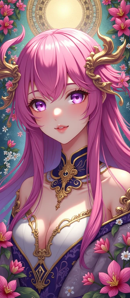 (ultra-detailed background, detailed background), absurdres, highres, ultra detailed, extremly detailed, 1girl, yae miko, pink hair, purple eyes, (bunch of flowers:1.3), (zentangle:1.2), (geometric:1.2),(colorful),
