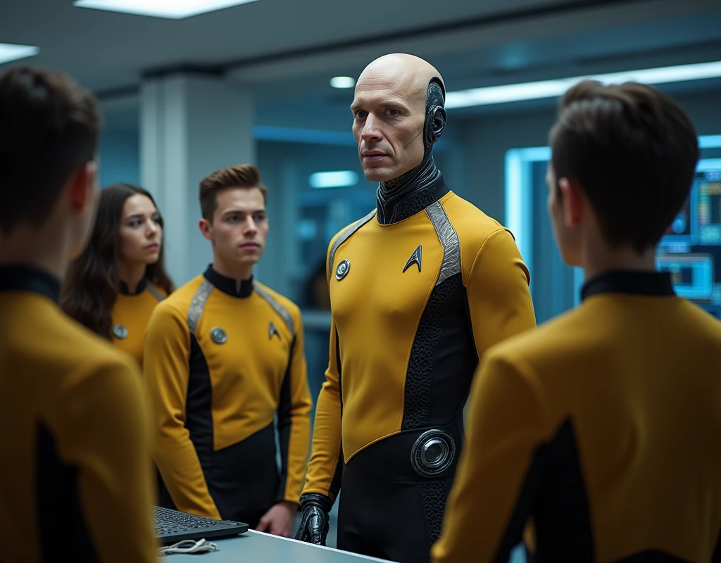 Data: The android officer, Lt. Commander Data, is present, wearing his gold Starfleet uniform, teaching about warp technology inside Starfleet Academy, with a focused expression, warp coil on hologram, His eyes show curiosity and fascination. Starfleet Academy, cadets stand nearby, with a focused expression, cadets are wearing their cadets uniform and has a serene, contemplative expression, Background: A sleek, high-tech class room on Starfleet Academy. Medium Shot, 8k, Intricate details, Shallow depth of field, sharp focus, Cinematic Lighting, Deep Focus, f/22, Cinematic film still, shot on Sony a7R V, film grain, color graded, post-processed, cinematic lighting, Sony FE 35mm, best quality, photorealistic