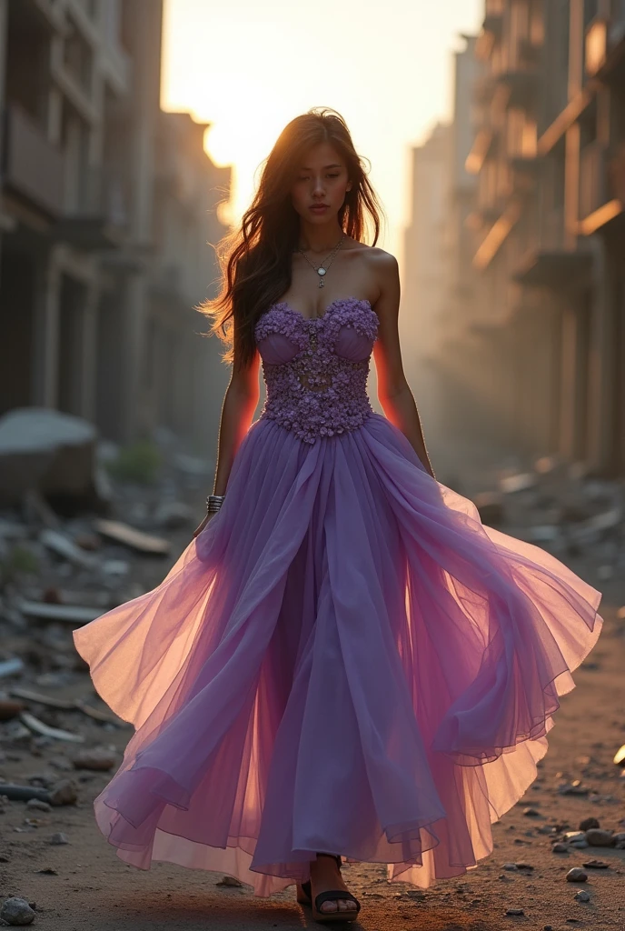 A cinematic photo of a brunette fashion model wearing a magical lilal flower petal-made dress, as she strides confidently through a desolate, dark post-apocalyptic cityscape, capturing the stark juxtaposition of beauty and decay, with the model's flawless skin glowing like a beacon of hope amidst the ravaged urban landscape. photographed with a shallow depth of field to blur the bleak surroundings, emphasizing her striking, rebellious pose. full body, golden hour.