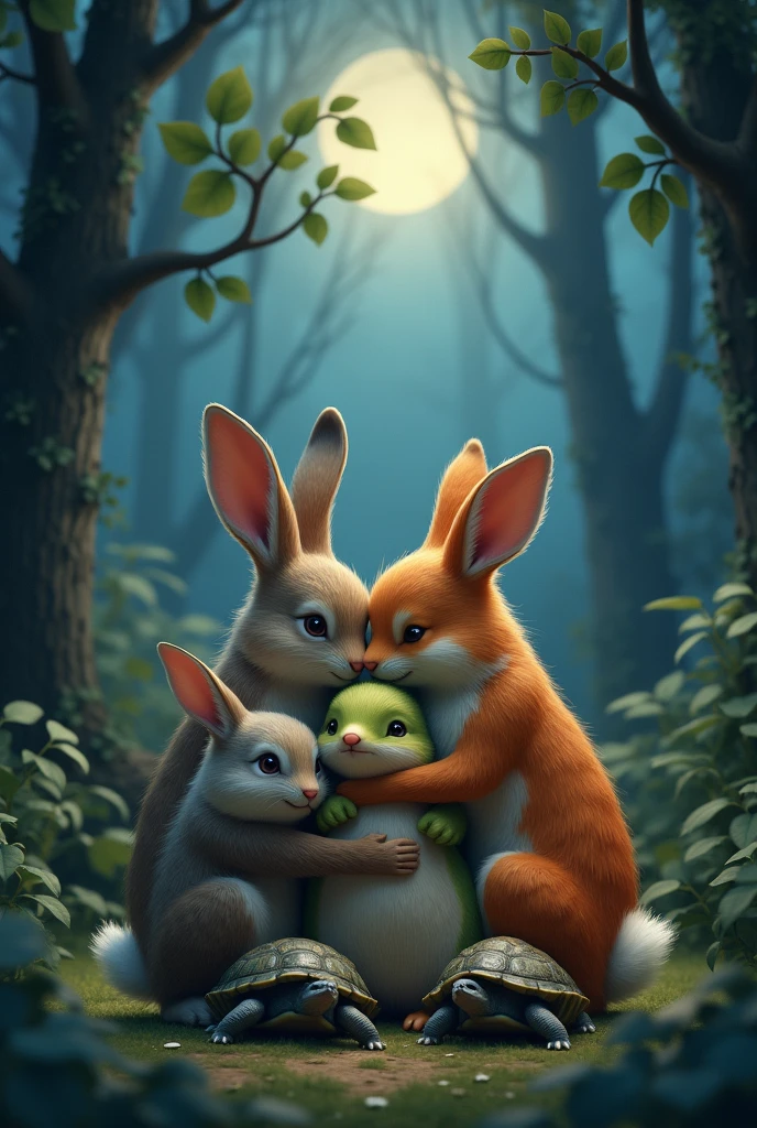 at night in the forest The rabbits, Birds, foxes and turtles hugged each other