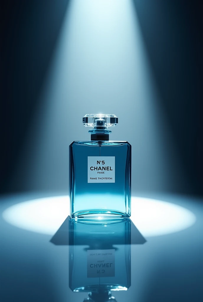 A Blue De Chanel perfume bottle surrounded by spot light in a dark studio, with a silent white as the backdrop. Hyper-realistic image.