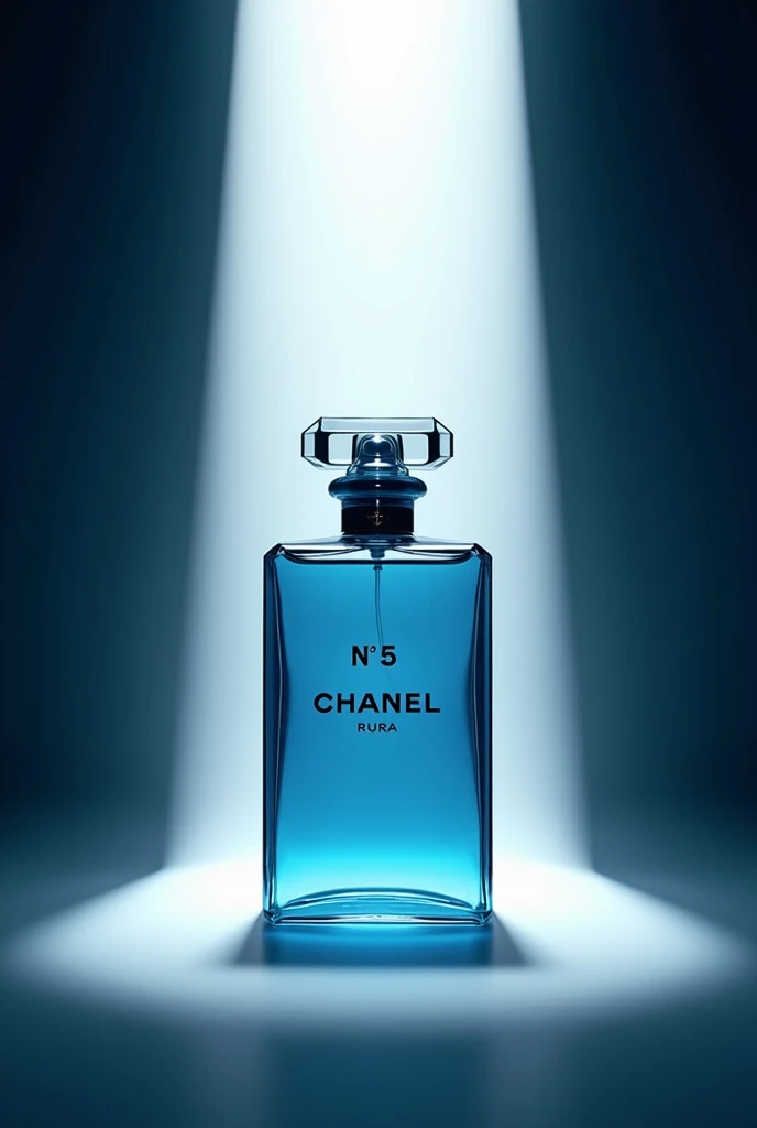 A Blue De Chanel perfume bottle surrounded by spot light in a dark studio, with a silent white as the backdrop. Hyper-realistic image.