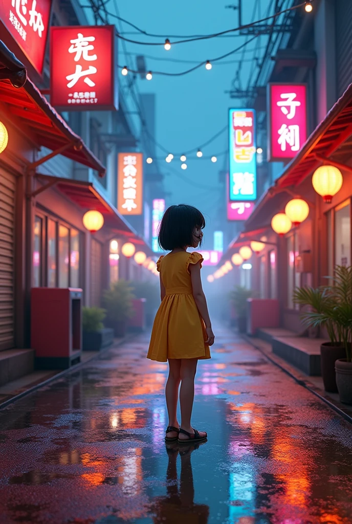 Young Asian-looking girl in a yellow dress standing in the middle of a wet street with the lights of neon signs reflected in it in a futuristic Asian neighborhood