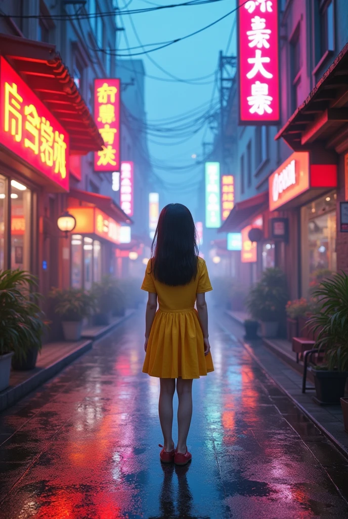 Young Asian-looking girl in a yellow dress standing in the middle of a wet street with the lights of neon signs reflected in it in a futuristic Asian neighborhood