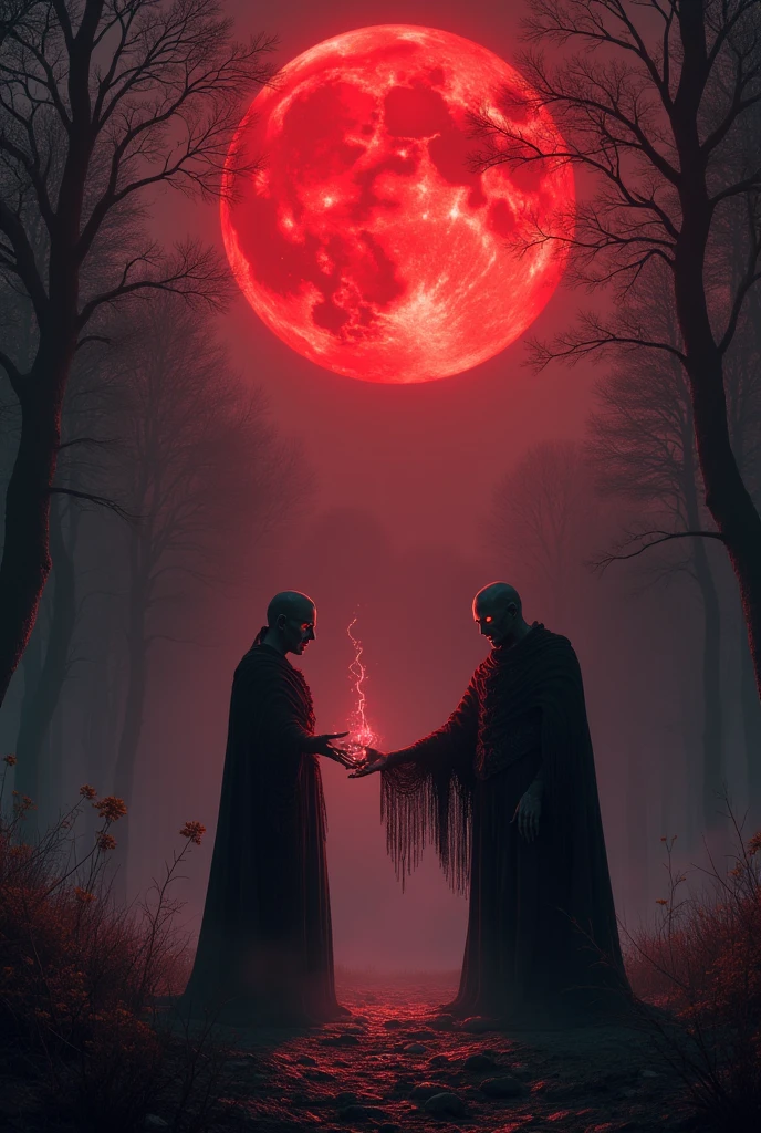 Un environnement sombre et mystique, dans une clairière éclairée par une lune rouge sang. N'koma fait face au sorcier Nyoka, un homme à l'apparence sinistre, avec des yeux rouges brillants et une aura de ténèbres autour de lui. Nyoka tend une main squelettique à N'koma pour sceller le pacte.