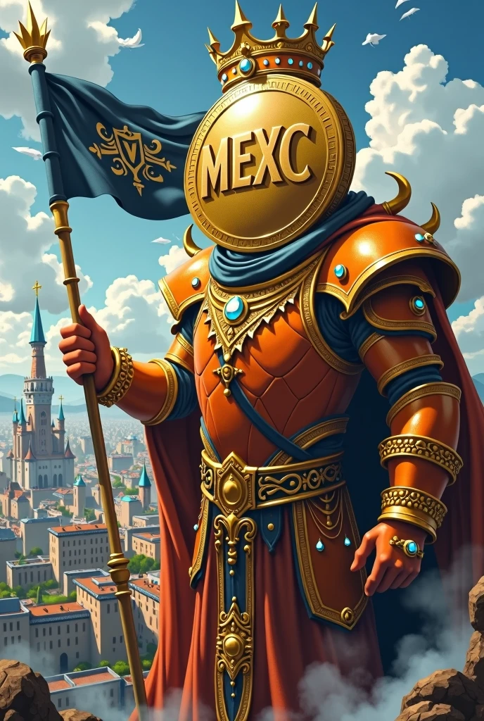 The king who has a very big head and looks like a coin and has orange armor and a beautiful crown is standing from the top of the castle looking at a big city with the inscription "Mexc" on its flag and the color of the flag of that land is dark blue. Next to the picture is written: it's $lumos time And at the top of the picture is written: kneel before the king