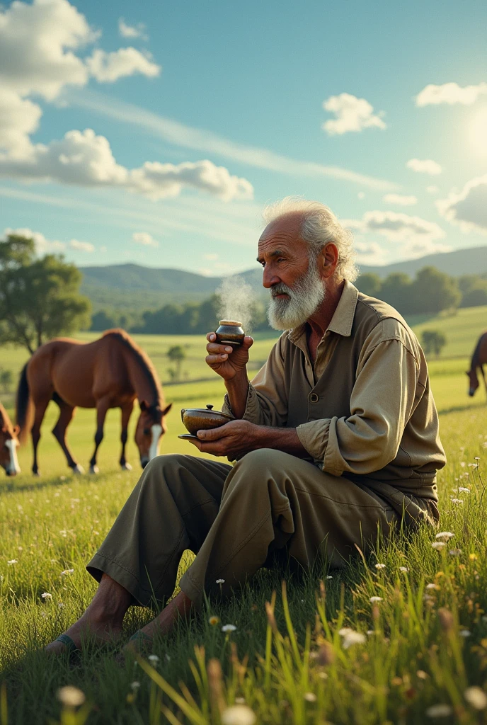 Old man in a field drinking Uruguayan mate with horses