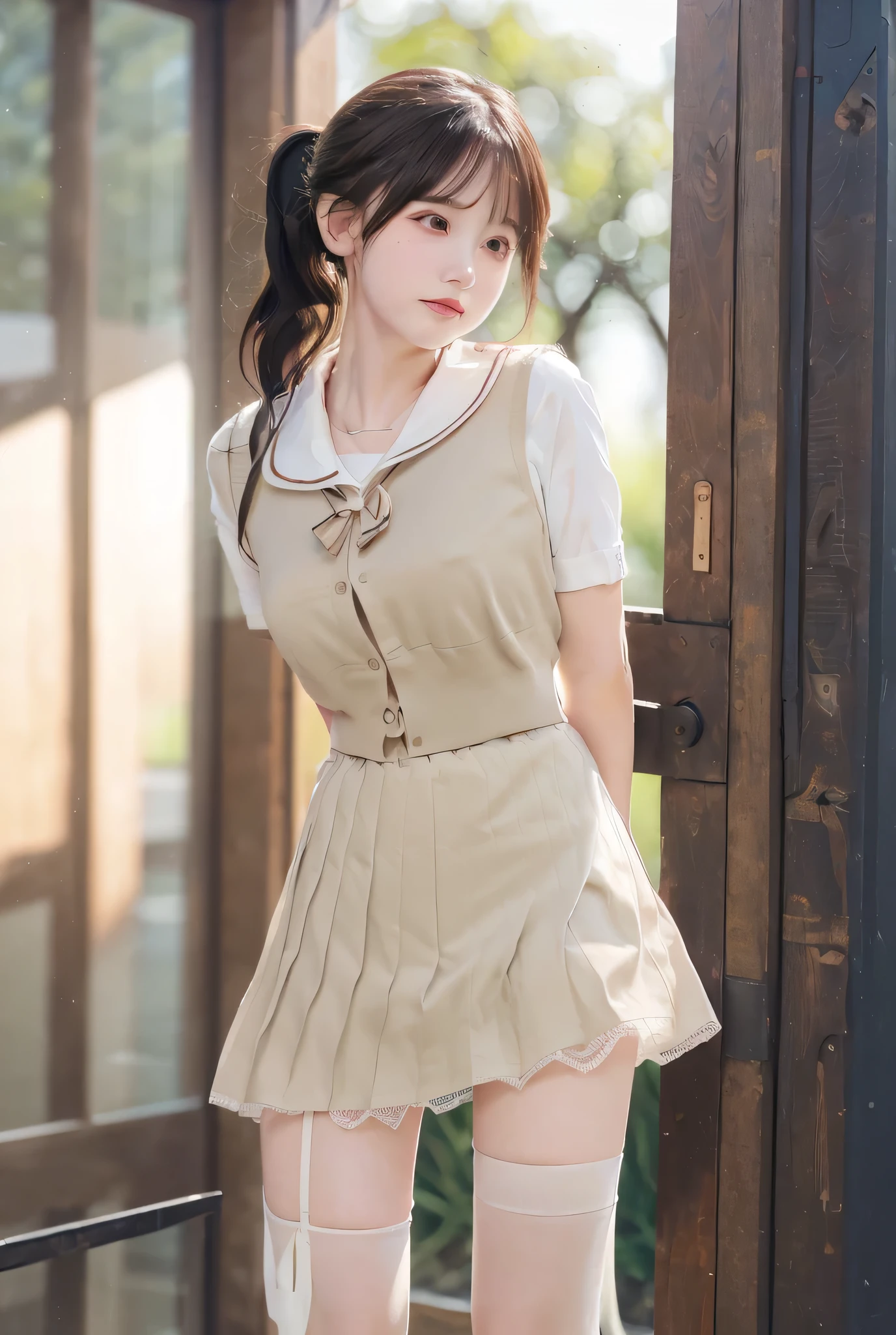 (((masterpiece, Highest quality, High resolution, 超High resolution, Pixel perfect, Written boundary depth, 4K, RTTX10.0))), Cute anime woman, Beautiful art style, Anime characters, ((Smooth texture, Realistic texture, Anime CG style)), Exact finger count、Exact number of legs、(Exact number of arms:1.0, Exact number of hands:1.0), (Perfect hands, Perfect Anatomy), Cinematic, Realistic, Highly detailed CG, Daytime lighting, Perfect lighting, Best Shadow, The best natural light, whole body, Perfectly balanced style, Perfectly balanced body, (Slender body:1.2), whole body, ((bangs, Black Hair, Cute ponytail)), ((A pretty woman is standing with her legs crossed, holding her skirt:1.3)), (Fashionable white shirt, White panties, Small ribbon in the center of the waist of the panties, Panties with lace trim, Sailor collar, Beige pantyhose, White socks,loafers, Navy pleated mini skirt:1.3), (Beautiful big boobs:1.1), ((Embarrassed expression:1.4), blush, (Sexual pleasure expression, Fun expression:1.4), (look up, mouth half open:1.1), Limits of patience), (In the school classroom:1.3), (Pussy juice:1.4), Angle from the front, remote_Vibrating shortcuts,