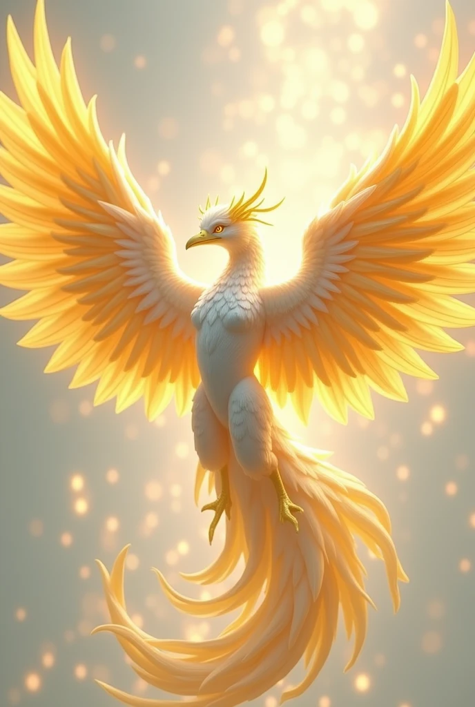 White feathered phoenix, with defined human torso, golden wings, bright yellow eyes, long tail with white and yellow feathers, quality 8k.