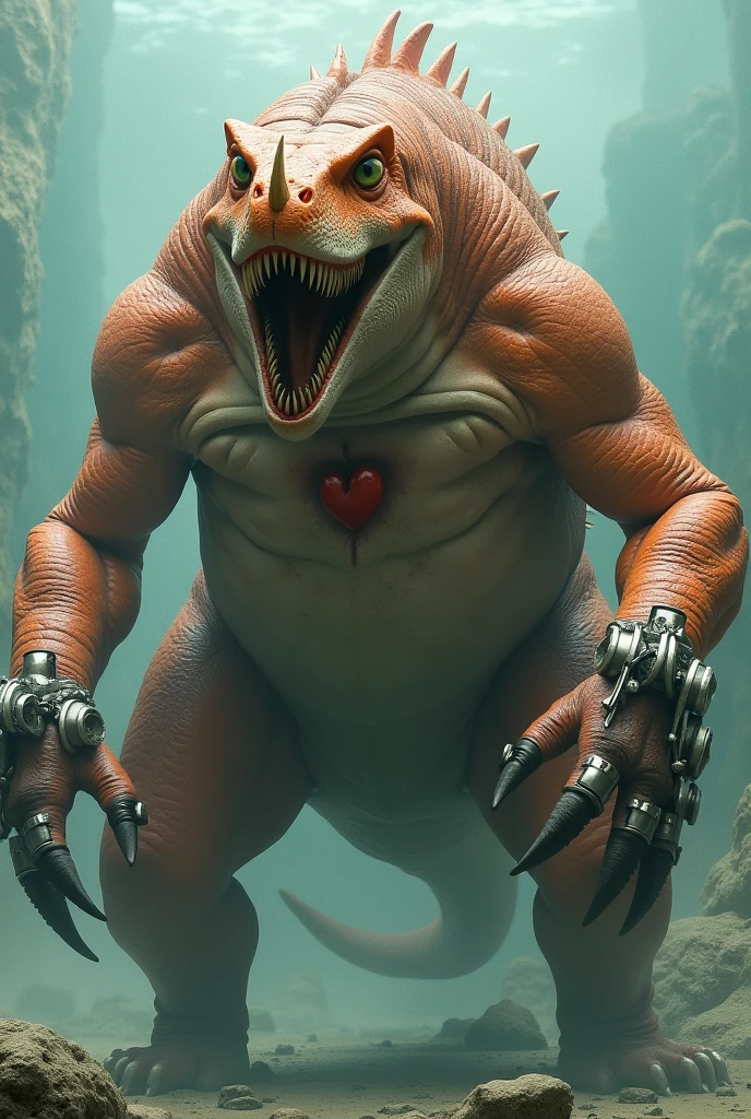 Generates the image that my daughter created: Martillucus is a being that I imagine is a water type., It&#39;s big, Orange color with metal. Has some crushed hammers (Hammers and knives appear) on the wrists (apart from his hands). has sharp teeth. It looks like a t-rex but with a smaller head. (snake-like) and a horn on the tip of his nose. It is very big and scary. His heart is very big.  

