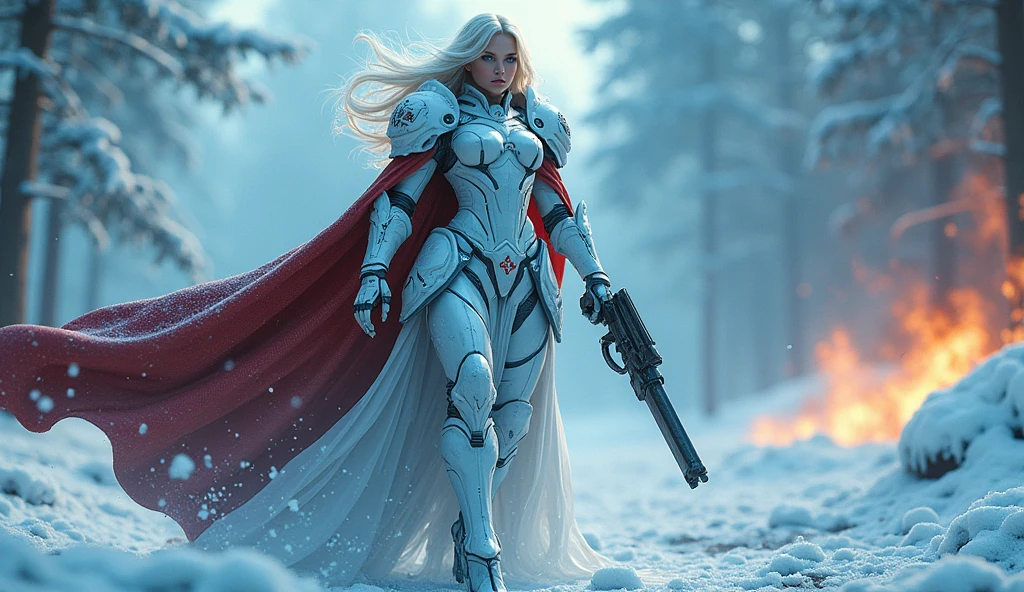 a beautiful woman with long platinum blonde hair, porcelain skin, ice blue eyes, sexy sisters of battle from the warhammer 40k, shooting at the enemy, frosty white and light blue space marine armor with intricate details, red long flowing cloak, religous symbols on the armor, sisters of battle, warhammer 40k, Massive silicone breast, pale skin, seductive, temptation, eat your soul, clevage, , standing in a magical winter wonderland with snow-covered trees and frozen lakes, intricate ice crystals and snowflakes surrounding her, (best quality,4k,8k,highres,masterpiece:1.2),ultra-detailed,(realistic,photorealistic,photo-realistic:1.37),fantasy,digital art,cinematic lighting, highly detailed armor, intricate futuristic weaponry, gritty and realistic, mecha, science fiction, hyper-detailed, photorealistic, award winning digital art, 8k, HDR, masters work, in the middle of a battle field, full body combat action pose, explosions and fire around, full war, charging, running forward, attacking, stunning, Stilleto heels, high heels, full body pose, cinematic, dust and debree, combat screams, attacking, shooting at the enemy, sisters of battle, warhammer 40kdramatic color palette,frozen landscape,ice powers,snow queen