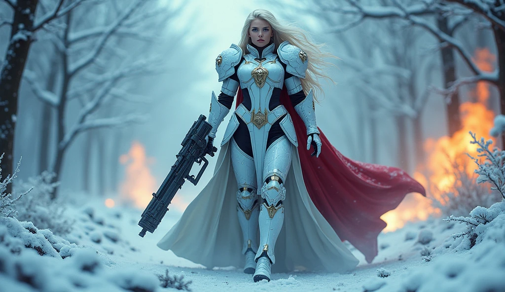 a beautiful woman with long platinum blonde hair, porcelain skin, ice blue eyes, sexy sisters of battle from the warhammer 40k, shooting at the enemy, frosty white and light blue space marine armor with intricate details, red long flowing cloak, religous symbols on the armor, sisters of battle, warhammer 40k, Massive silicone breast, pale skin, seductive, temptation, eat your soul, clevage, , standing in a magical winter wonderland with snow-covered trees and frozen lakes, intricate ice crystals and snowflakes surrounding her, (best quality,4k,8k,highres,masterpiece:1.2),ultra-detailed,(realistic,photorealistic,photo-realistic:1.37),fantasy,digital art,cinematic lighting, highly detailed armor, intricate futuristic weaponry, gritty and realistic, mecha, science fiction, hyper-detailed, photorealistic, award winning digital art, 8k, HDR, masters work, in the middle of a battle field, full body combat action pose, explosions and fire around, full war, charging, running forward, attacking, stunning, Stilleto heels, high heels, full body pose, cinematic, dust and debree, combat screams, attacking, shooting at the enemy, sisters of battle, warhammer 40kdramatic color palette,frozen landscape,ice powers,snow queen