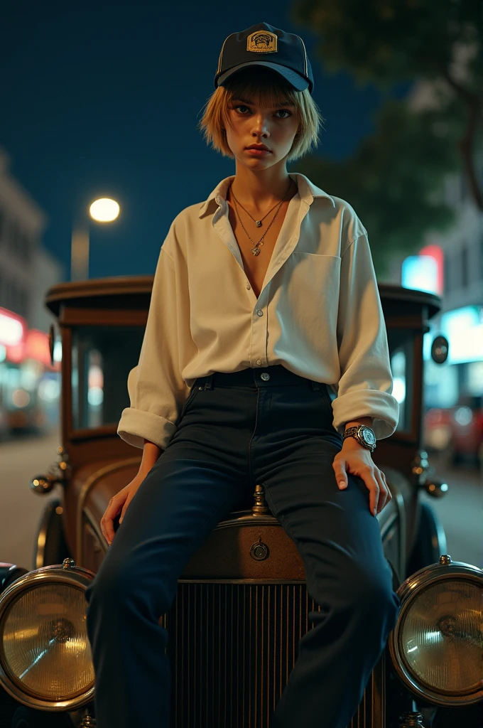 A girl that looks like a boy, wearing an red ivy cap, wearing a white shirt with oversized sleeves and a dark blue almost black jumper pants, and lightbrown hairstyle, looking at the camera with a smug face while on a 1890's car, night time
