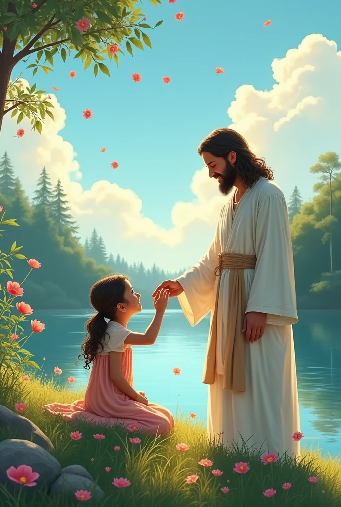 Can you visualize an image for a job?, of the movie "miracles from heaven" and the girl in front of the sky full of flowers and a lake surrounded by trees.
She was sitting in front of the lake and Jesus was at her side looking at her with a smile and caressing her head..
Cover style and drawing style without painting.