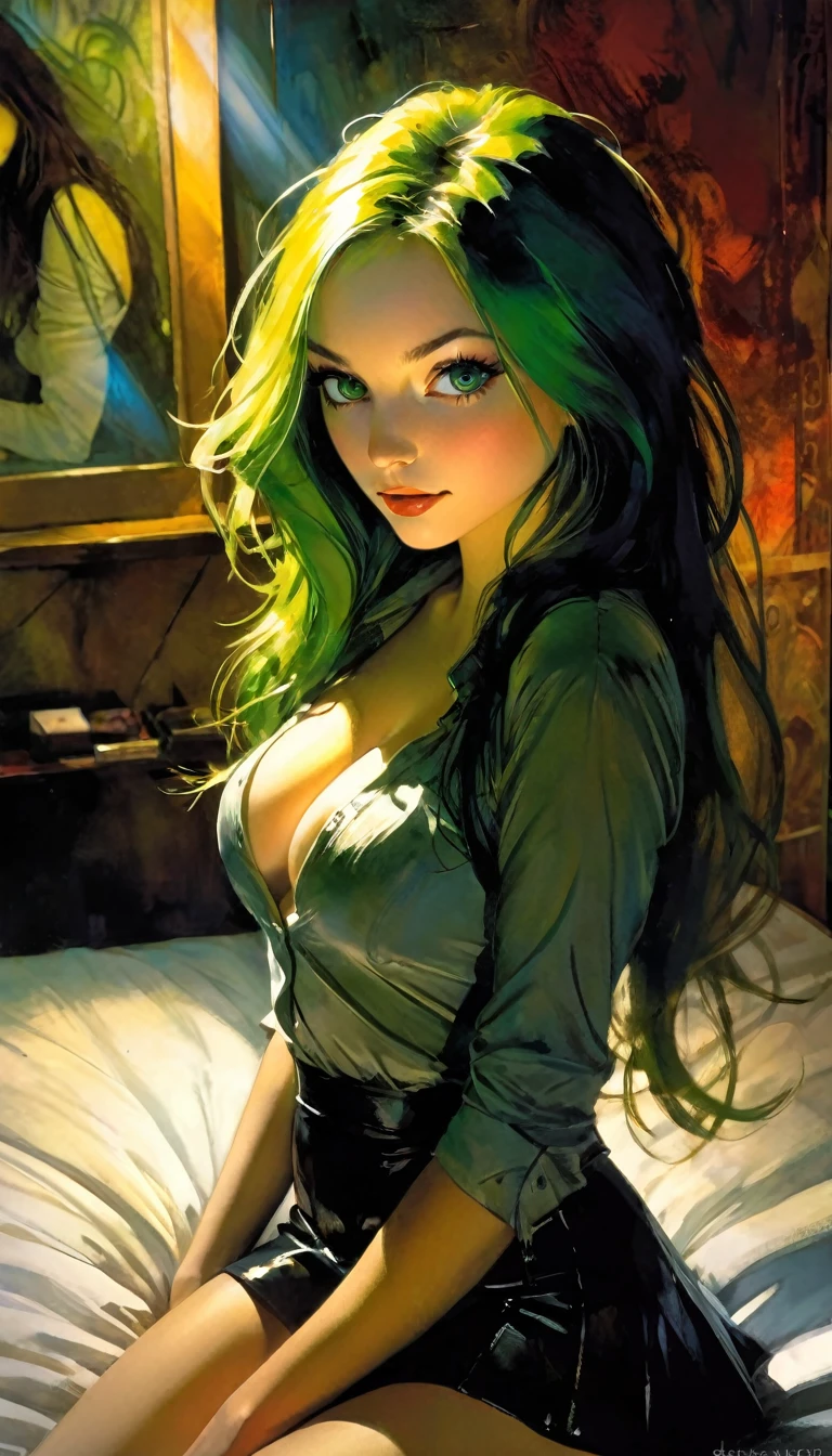 ((masterpiece)), ((best quality)), (ultra detailed), ((extremely detailed)), 4K, (8K), best quality, (beautiful), realistic style, in the room, on the bed, a cute girl, 1 girl, alone, miniskirt, beautiful long multicolored hair, beautiful green eyes, ((beautiful eyes)), long hair, light smile, blush, lens flare, from above, selfie, night, eroticism, sexy, black and white image, between shadows, oil painting, chiaroscuro, sensual, dramatic lighting, moody atmosphere, photorealistic, intricate details, masterpiece, ultra detailed, high quality, 8k, best quality, realistic, cinematic, dark and brooding , expressionist, powerful composition, emotional impact, art inspired by Bill Sienkiewicz and Dave McKean.