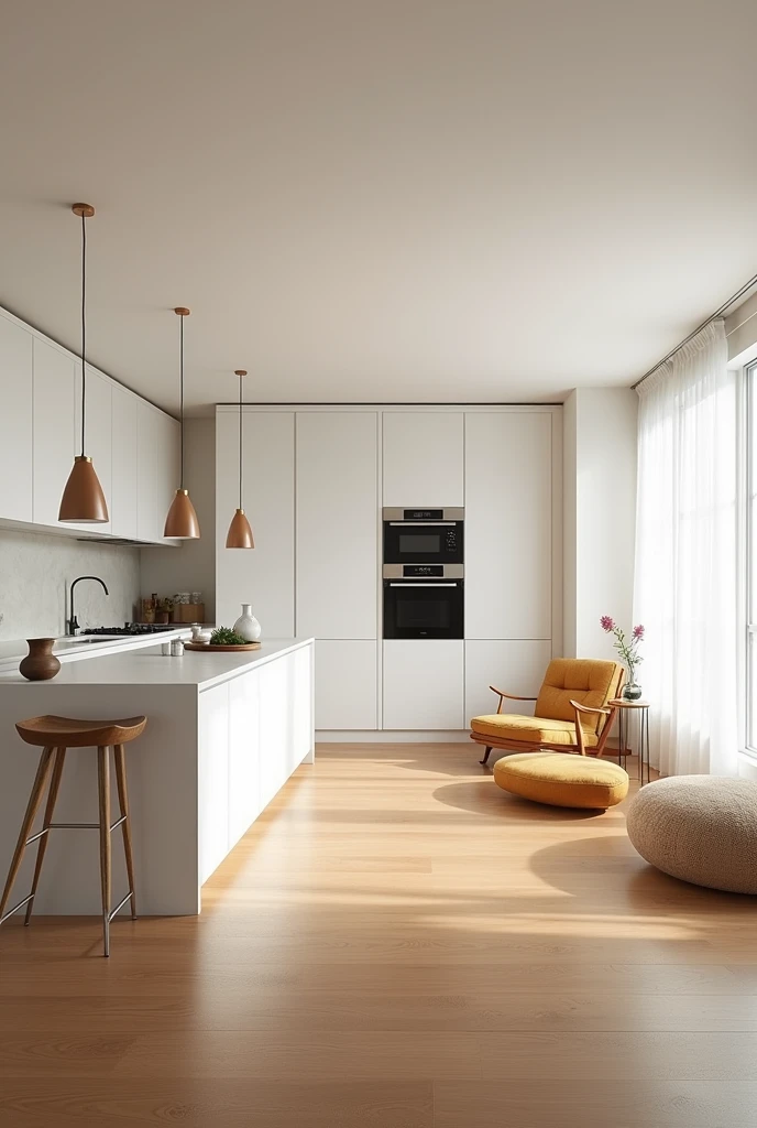 Design of a kitchen connected to a living room. The design is minimalistic. wooden floors, white walls and ceilings. The room is cozy. Dimensions: length - 816 cm, in width - 316 cm.